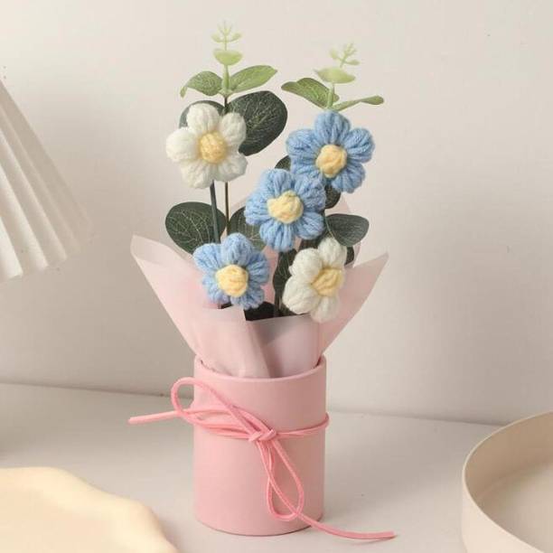 Satyam Kraft 1 Pcs Artificial Daisy Crochet Flower Bouquet with Pot | Home Decor,Table,Gift Blue, White Daisy Artificial Flower  with Pot