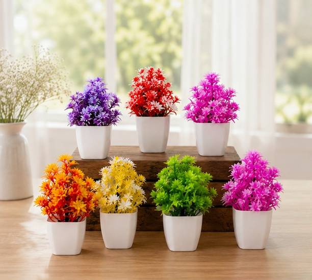 ARTRADERS Fancy Mart Mini Star Daisy Decorative Flower Combo (7-Piece) Bonsai Artificial Plant  with Pot