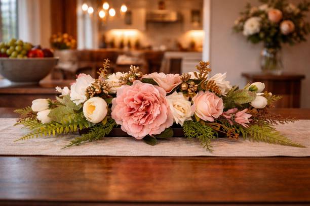 Floregance WOODEN BASE RECTANGULAR ARRANGEMENT Pink, White, Multicolor Chrysanthemum Artificial Flower  with Pot