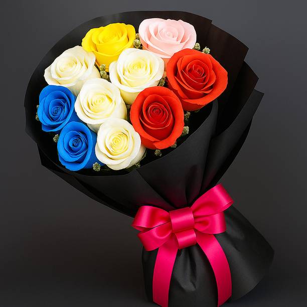 Fleur Buddy Elegant Artificial Rose Bouquet – Black Wrap | Ideal Gift for All Occasions Multicolor Rose Artificial Flower