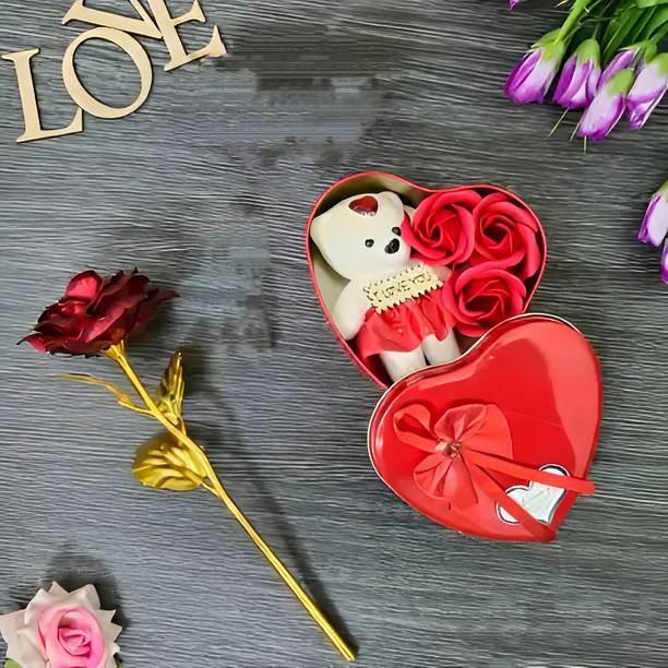 LoveGift Red Golden Rose with Heart Shaped Gift Box | Rose Love Gift Set Red Rose Artificial Flower