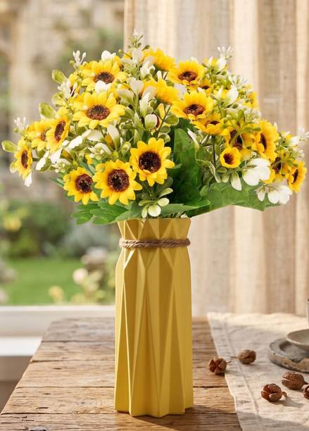 AllSpiritual Premium Sunflower 2 Bunches Flower with Elegant Flower Vase for Home & Office Yellow Sunflower Artificial Flower