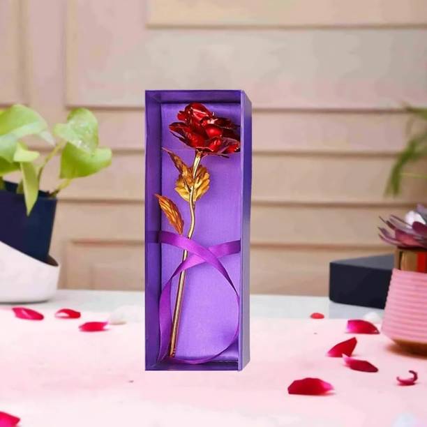 Feastive Celebration 24K_Red & Golden Artificial Rose Flower Gift with Bag – Valentine, Mother’s Day Red, Gold Rose Artificial Flower