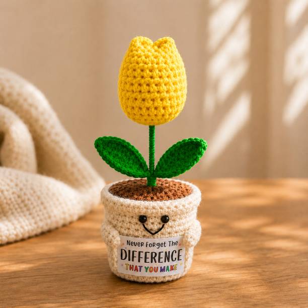 Mooz Handmade Crochet Sunflower Pot with Motivational Message 7 Inch Yellow Tulips Artificial Flower with Pot