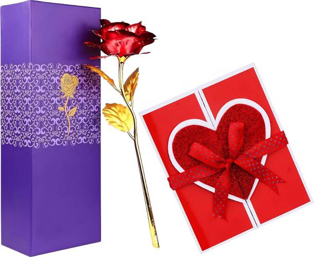 LoveGift Red Golden Rose Gift with Love Greeting Card | Romantic Gift for Girlfriend Red, Gold Rose Artificial Flower
