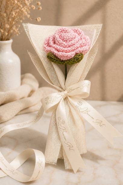 Brovion Art Artificial Rose Flower Bouquet | Crochet Pink Rose | Couple Pink Rose Artificial Flower