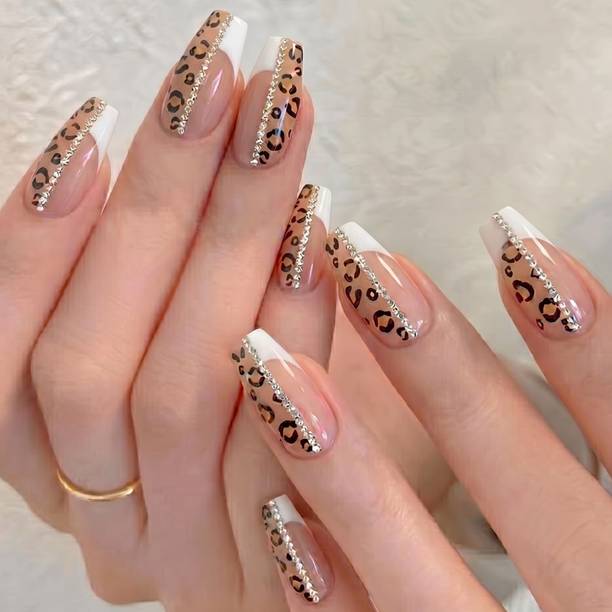 Lick - Press on Nails 12 Pcs Artificial Reusable Nail Extension Kit Nail Art Kit Fake/False Nails Set Nude Half Leopard Print Ballerina
