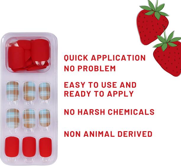 Lick - Press on Nails 12 Pcs Matte Red Acrylic Nails Set Nail Art Artificial/False Nails Extension Matte Red With Checkred Light Blue