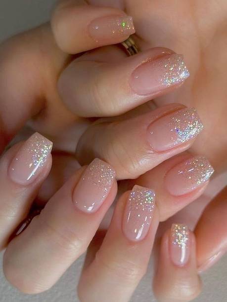 BellaHugz Short Square Pink Base & Glitter Glossy Nails Extensions With Free Glue Kit Pink Base, Silver Glitter