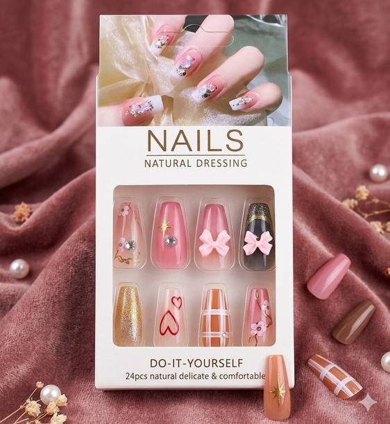 SHANAYATRAD nail extension fake nails with bow design Korean design 12 pcs multicolour