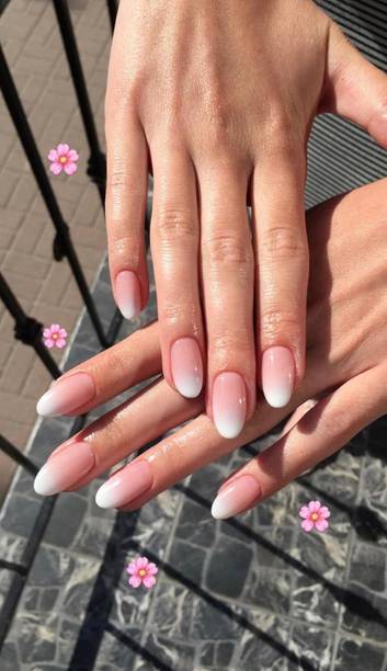 kulis Glossy Pink to White Ombre Press-On Nails, Short Round Shape Reusable Artificial Fake Nail Extensions With Free Glue Kit