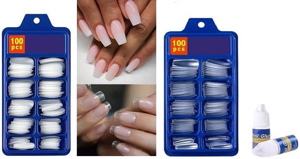 ROODILES Artificial Nails | Natural, False Nails with 2 Nail Glues | Nail Extension Kit Transparent, White