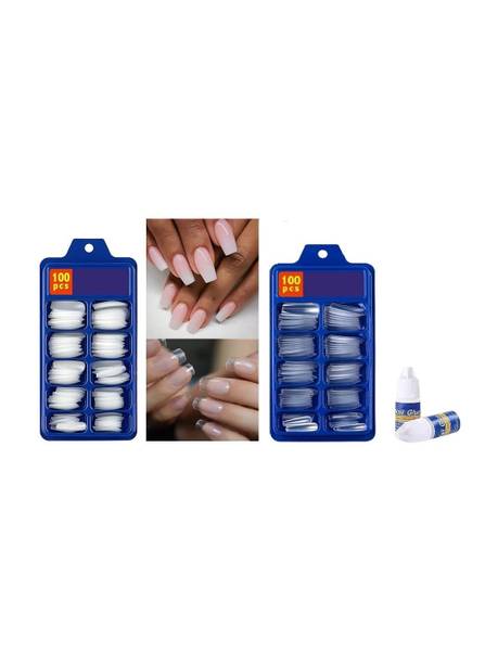 ROODILES Artificial Nails | Natural, False Nails with 2 Nail Glues | Nail Extension Kit Transparent, White