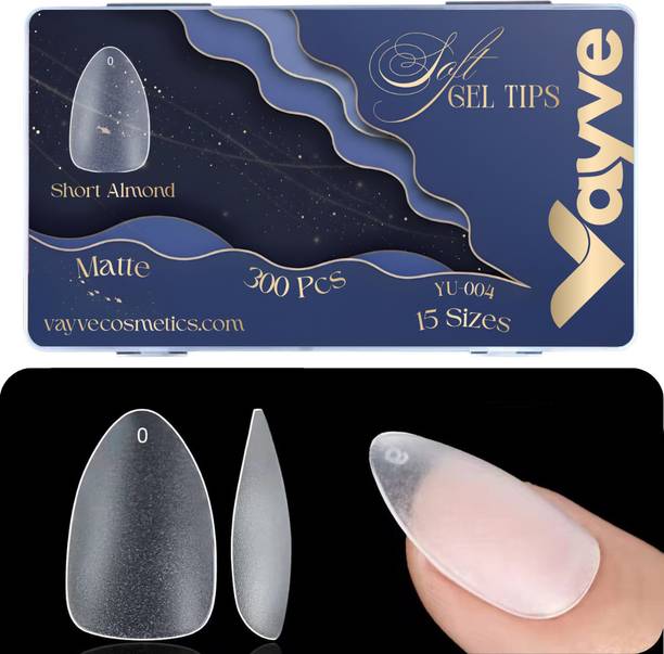 Vayve Soft Gel Nail Tips Matte Short Almond 15 Sizes for Nail Extension Clear - False Nails Full Cover Soft Nail Tip | Nail Salons DIY Nail Art