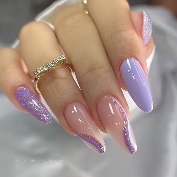 The NailzStation nails artificial nail fake designer press on extension with design glue Glitter Purple