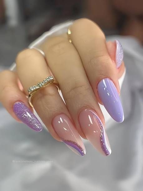 The NailzStation nails artificial nail fake designer press on extension with design glue Glitter Purple