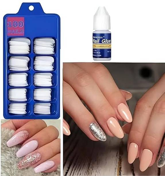 SRJS Full Cover Artificial Nails Set, Acrylic Nails Set, Nail Extension + Nail Glue White