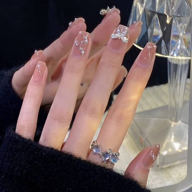 Love Secret Acrylic press on nails artificial extension beige color with white pearls & silver glitter with 3d bow fake nails design with kit