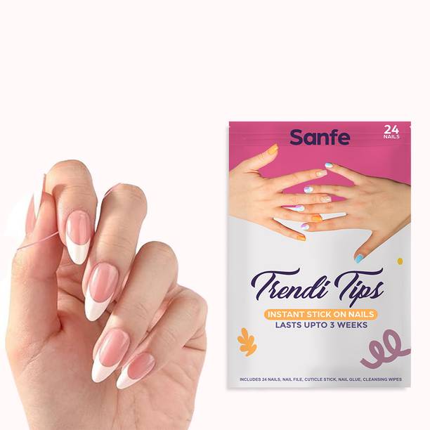 Sanfe Instant Stick On Nails - French Almond | 24 Reusable Artificial Fake Nail French Almond