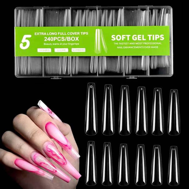 RUBY FACE 3XL Long Coffin Ballerina Nail Tips,240PCS Extra Longs Coffins Press On Nail No5 clear