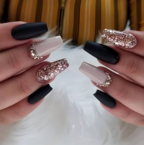 The NailzStation nails artificial nail fake designer press on extension with design glue Glitter Black