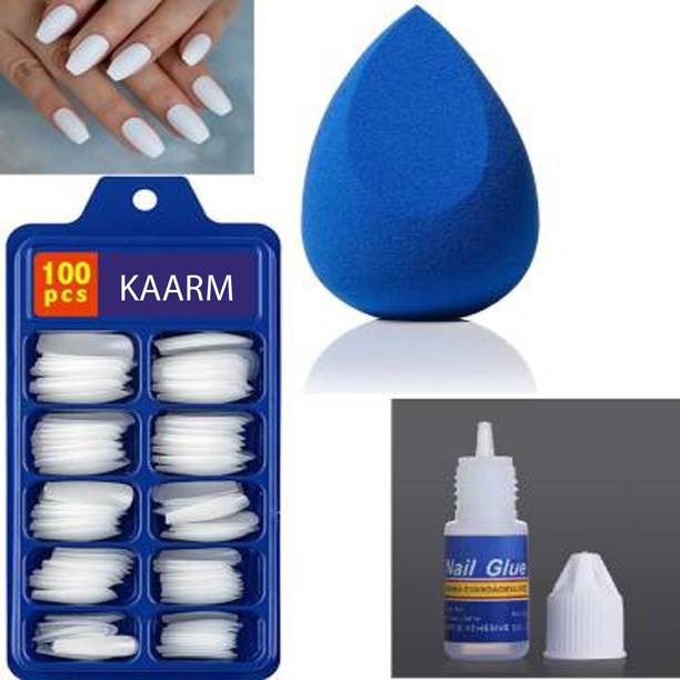 kaarm 100Pcs Artificial Fake Nails Nail Extension With Glue, 1 BEAUTY Blender WHITE