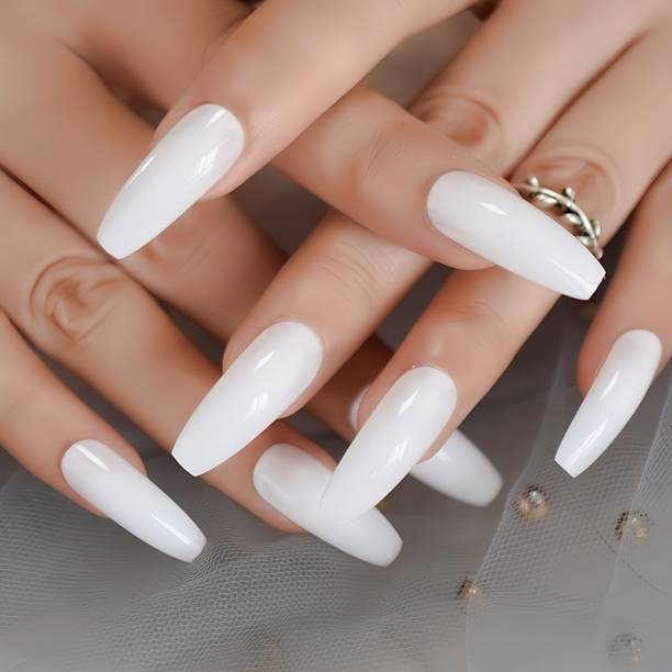 The NailzStation nails artificial nail fake designer press on extension with design glue Milky White