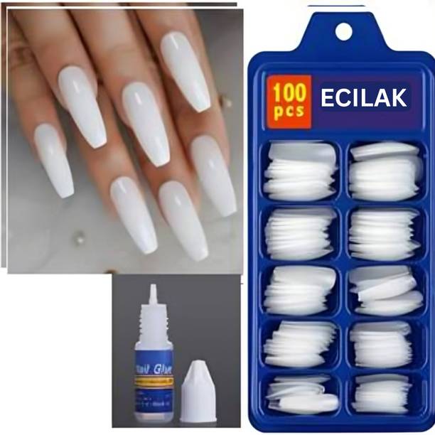 ECILAK Full Cover Artificial Nails Set, Acrylic Nails Set ,Nail Extension + Nail Glue WHITE