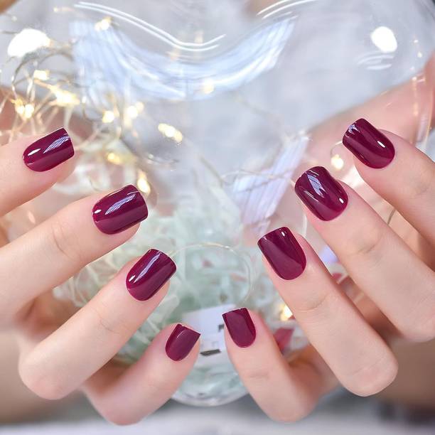 The NailzStation nails artificial nail fake designer press on extension with design glue french Maroon