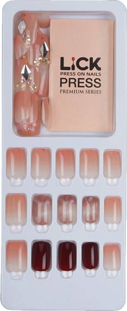 Lick - Press on Nails 30 Pcs Reusable French Manicure Studded Artificial Nails False Nail Extension Glossy Maroon Printed Light Maroon And Studded Ombre Pink