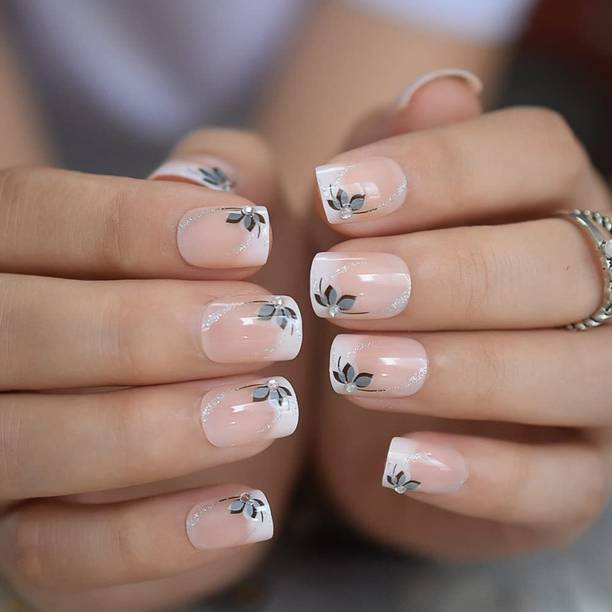 The NailzStation nails artificial nail fake designer press on extension with design glue french White, Natural, Green