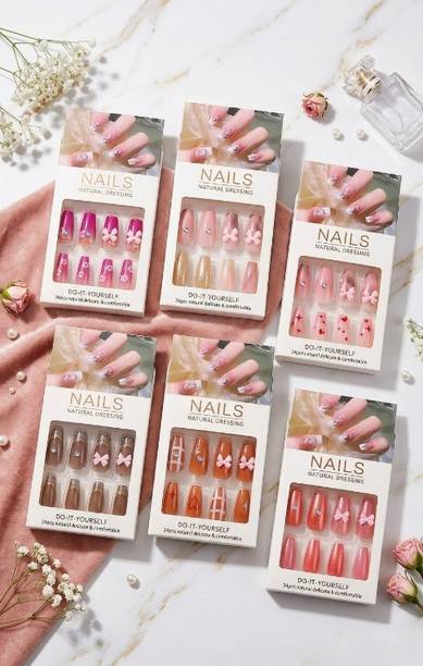 Alovra nails artificial nail fake designer press on extension with design glue 24 Multicolour