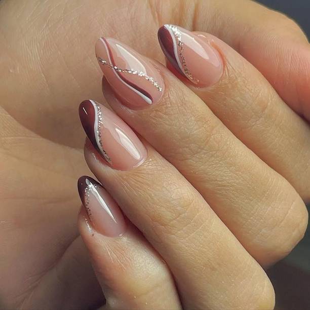 kulis Press-On Short Almond Glossy Nude & Brown With Silver Glitter French Layers Design, Nail Extensions With Free Glue Kit