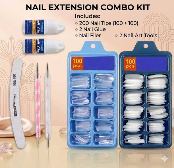 Cosmara Nail Extension Kit Combo with 200 Nail Tips 2 Glue, Nail File & Nail Art Tools transparent, white