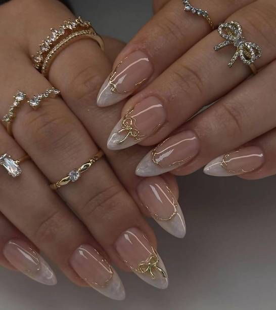 NAKHI 24 Pcs Luxury Stiletto Press On Nails | Nude White Tips with Golden Bow Design Gold Bow
