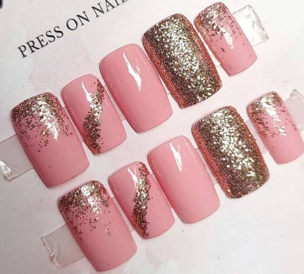 AMOK STORE fake nails with glue, nail extension tips , false nail, nail art kit, Gold & Pink