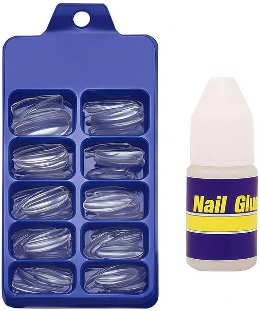 LXELA 100Pcs Tansparent Artificial Nails + Glue | Nail Extension Set for Women & Girls Transparent