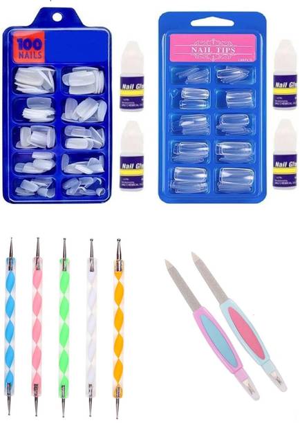 ROODILES Nail Extension 200 Arificial Nails, Glues, Nail Filers & Dotting Tool Set of 13 Transparent, White