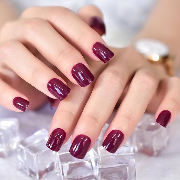 The NailzStation nails artificial nail fake designer press on extension with design glue french Maroon