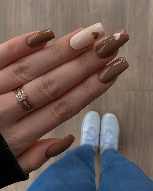 VGroot nails artificial nail fake designer press on extension with design glue Hearts Brown