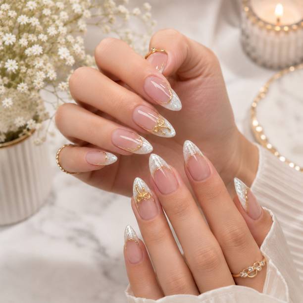 ERICO Luxury Stiletto Press On Nails | Nude White Tips with Golden Bow Design Gold Bow NUDE WHITE GOLG