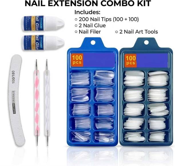 Cosmara Nail Extension Kit Combo 200 Nail Tips with 2 Glue, Filer & Nail Art Tools white