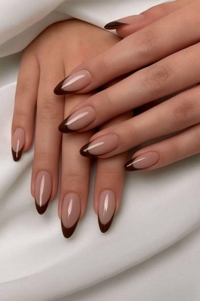kulis Press-On, Short Almond Glossy Nude Base And Brown French Tip Nail Extensions With Free Glue Kit