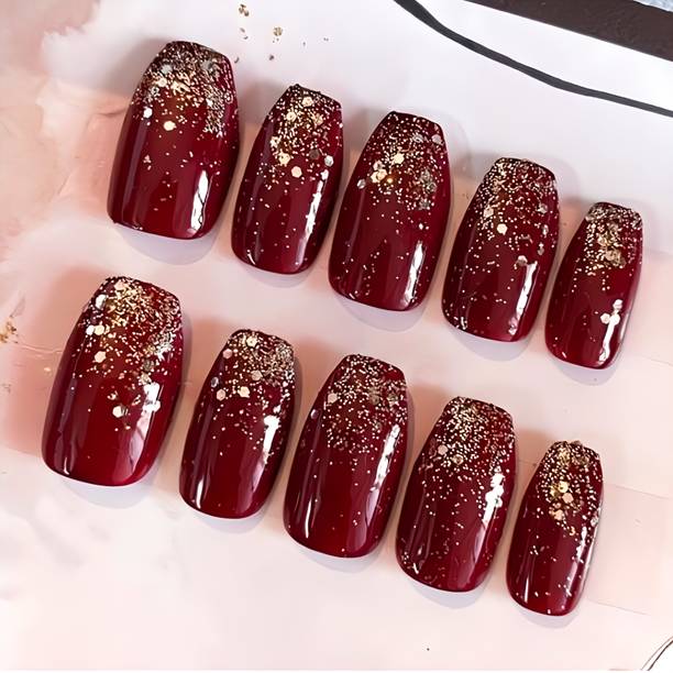 The NailzStation nails artificial nail fake designer press on extension with design glue Ombre Maroon