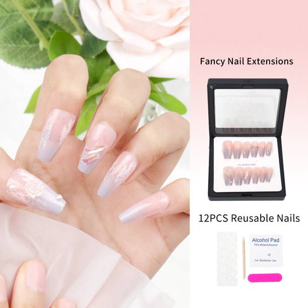 Scheibe Handmade 12 pcs Press on nails Fake nails for girls best nail extension Peach, Silver