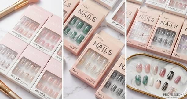 SRJS nails artificial nail fake designer press on extension with design glue multicolour