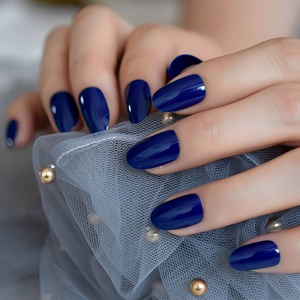 The NailzStation nails artificial nail fake designer press on extension with design glue Dark Blue