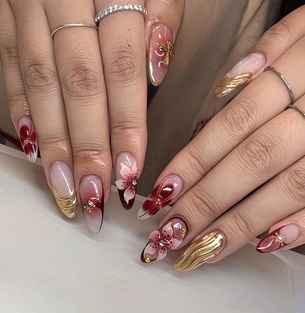 The NailzStation nails artificial nail fake designer press on extension with design glue Ombre Maroon