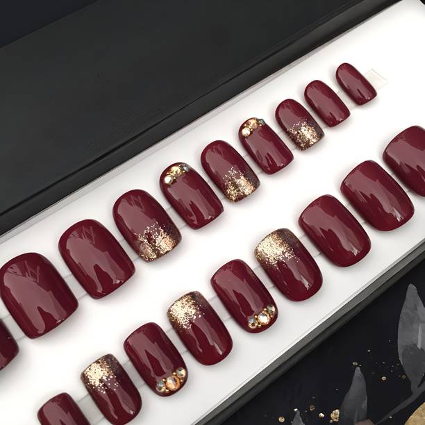 The NailzStation nails artificial nail fake designer press on extension with design glue Studded Maroon