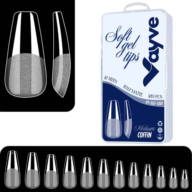 Vayve Soft Gel Nail Tips | Artificial Nail Half Matte Medium Coffin Nail Extension Set Clear - False Nails Full Cover Soft Nail Tip | Nail Salons DIY Nail Art with Box
